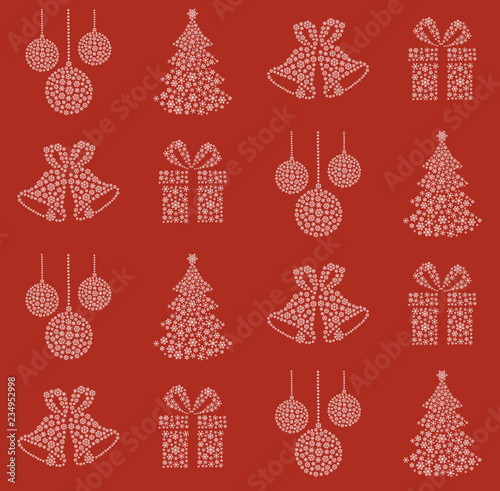 Christmas pattern with a tree, ornaments, a present and a pair of bells formed by snowflakes on a red background