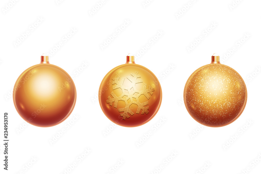 Set of christmas balls of gold color isolated on white background. Christmas decorations, ornaments on the Christmas tree. Set of christmas balls of gold color isolated on white background. Christmas decorations, ornaments on the Christmas tree.