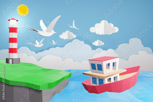 Paper art style of Lighthouse and Boat is sailing in the sea under the sunlight, Origami and travel concept, Easy to use by print your own logo, image and text, whatever you want, 3D rendering design.