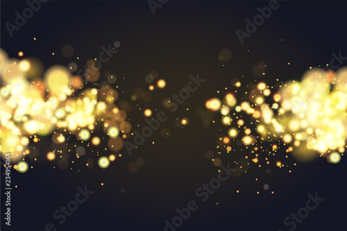 Abstract defocused circular golden bokeh sparkle glitter lights background. Magic christmas background. Elegant, shiny, metallic gold background. EPS 10.