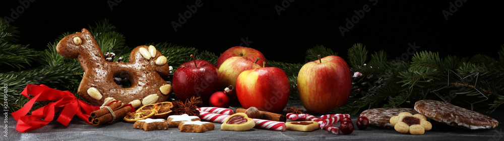 cookies, nuts and apples a christmas bakery concept cookies, nuts and apples a christmas bakery concept