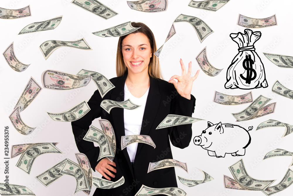 beautiful happy blond girl with money falling down beautiful happy blond girl with money falling down