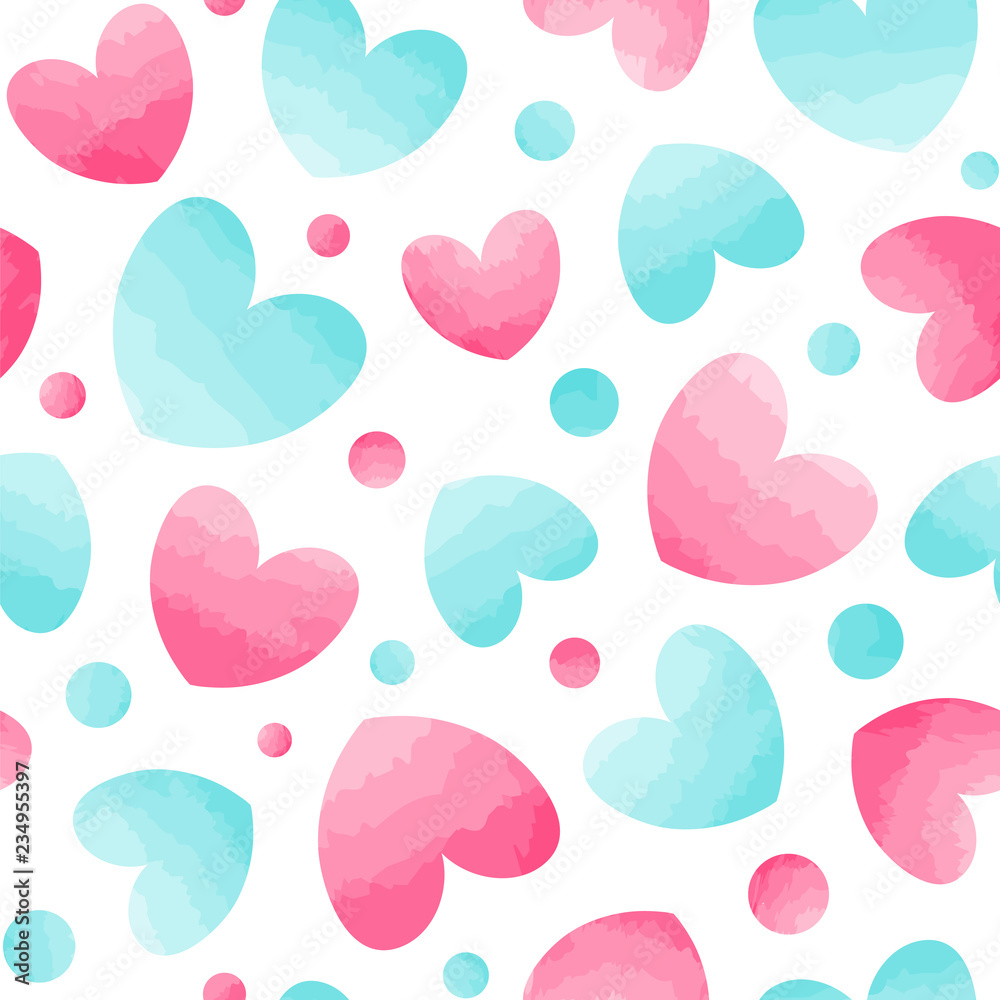 Light blue and pink hearts and dots. Seamless vector pattern with watercolor effect Light blue and pink hearts and dots. Seamless vector pattern with watercolor effect