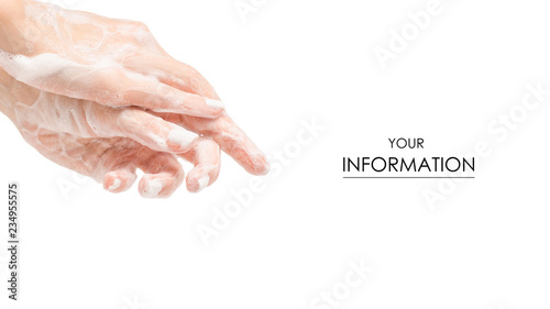 Soapy hands foam pattern on white background isolation