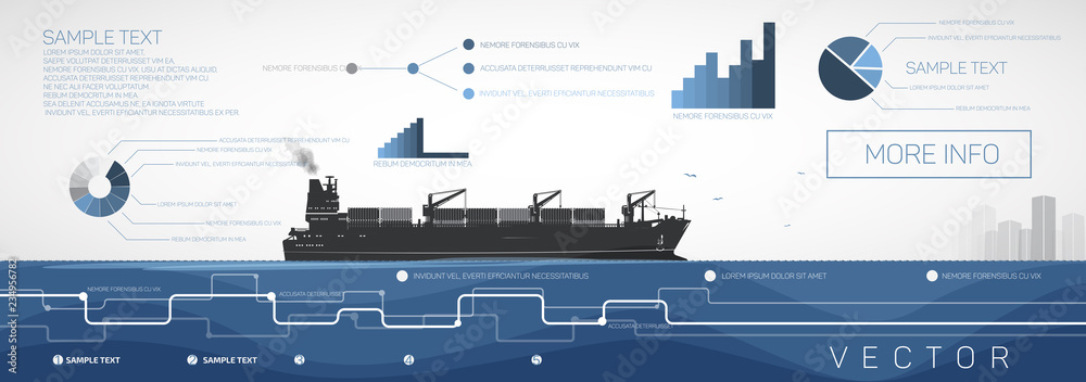Obraz premium Container ship sailing on the sea or ocean, vector infographics.