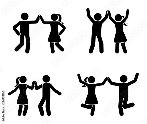 Happy man and woman stick figure dancing together. Black and white couple enjoy party icon
