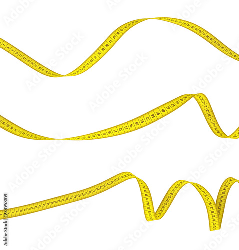 3d rendering of three yellow measuring tapes lying curled on a white background. photo