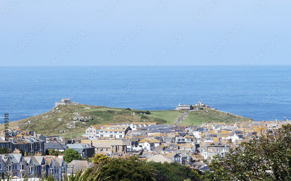 A panorama of Land's End in Cornwall, takes from Saint Ives.  On the right, the First and Last refreshments house in England. Saint Ives, Cornwall, England, UK