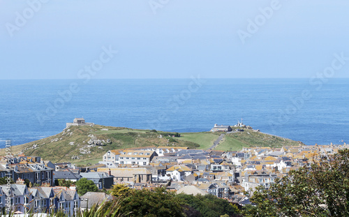 A panorama of Land's End in Cornwall, takes from Saint Ives.  On the right, the First and Last refreshments house in England. Saint Ives, Cornwall, England, UK