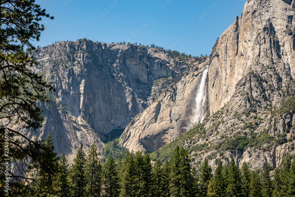 yosemite falls wasserfall von weitem mit wald im vordergrund, Yosemite National Park, Kalifornien,  USA