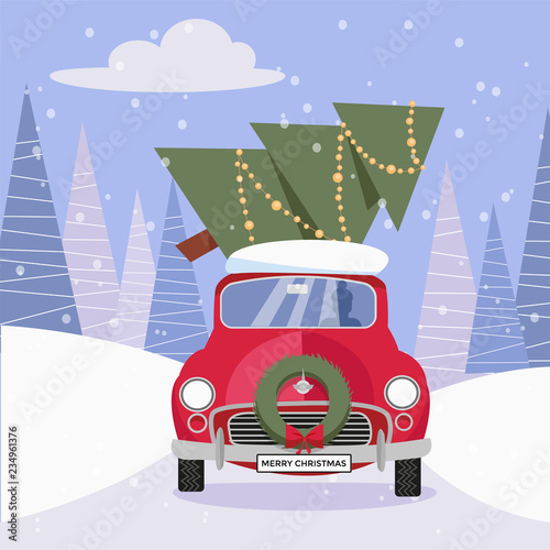 Postcard in flat cartoon style with cute red car decorated with Christmas wreath that carries Christmas tree home.Vehicle drives forward through the frozen forest. Vector illustration