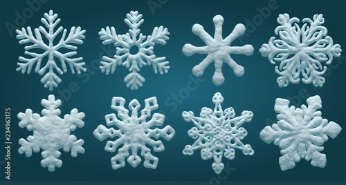 Set of vector snowflakes, volumetric decorative snow.