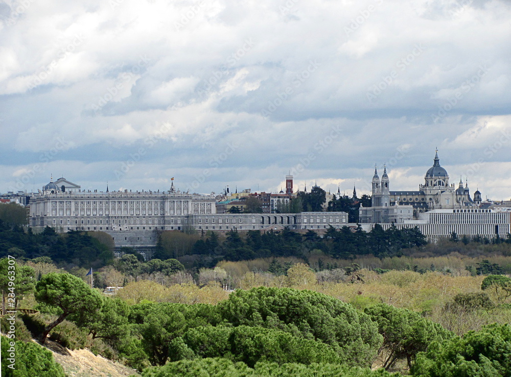 Panoramic view of Almudena Cathedral and Royal Palace in Madrid, Spain