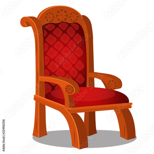 Vintage wood chair with red upholstered isolated on a white background. Vector cartoon close-up illustration.