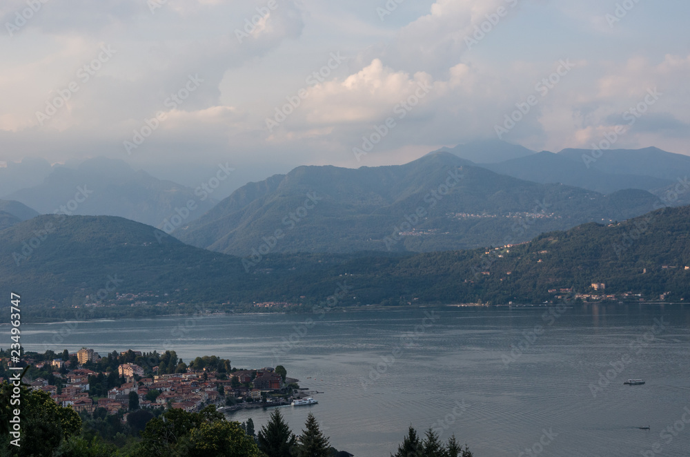Panorama of Mountain lake Maggiore in Piedmont, Italy