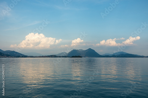 Panorama of Mountain lake Maggiore in Piedmont, Italy