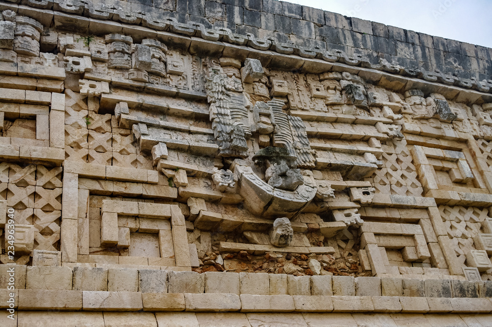 Details on the governors palace in the ancient Mayan ruins of Uxmal, Mexico