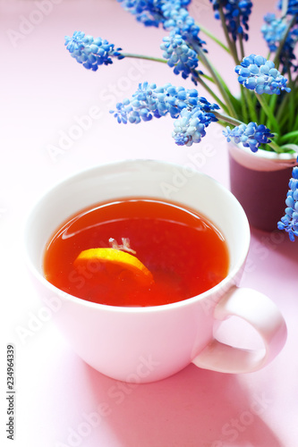 Creative layout made with a cup of tea and muscari flowers on bright pink background. Spring minimal morning concept