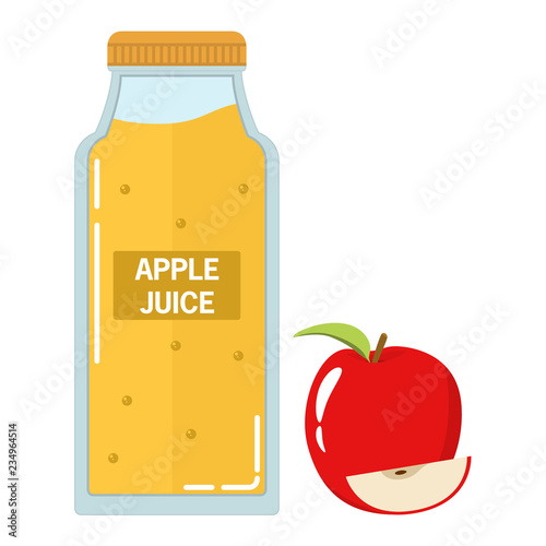 Glass bottle with natural freshly squeezed apple juice with pulp. In flat style a vector.Apple fresh fruit food.Design element for booklets of websites.For vegeterianets and vegans.Healthy lifestyle
