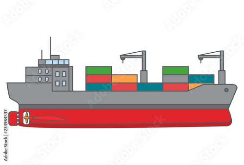 modern sea merchant ship. The freighter with container carrying ship. The bulk carrier in flat style in a vector.The ship on delivery of goods.Element of design of the websites, games, infographics.
