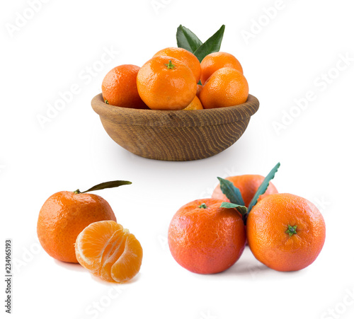 Set of fresh mandarins. Fresh tangerines with copy space for text. Slices of mandarin with leaves isolated on white background.Clementines slices isolated on white background