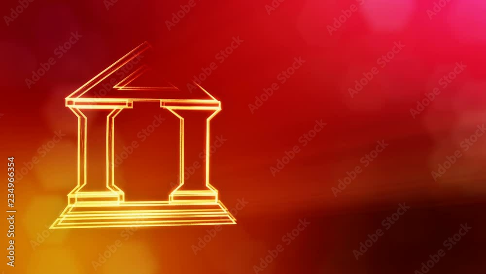 icon of bank. Financial background made of glow particles as vitrtual hologram... 3D seamless animation with depth of field, bokeh and copy space. Red v5