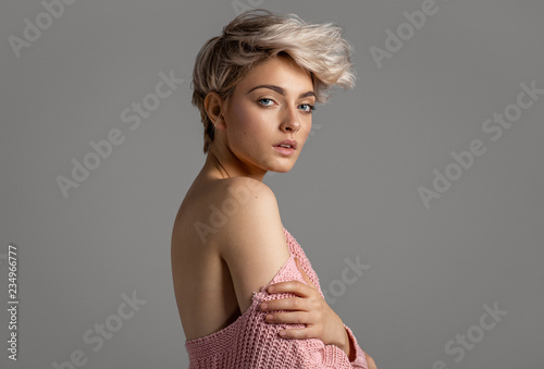 Beauty portrait of fashion young model with short hair