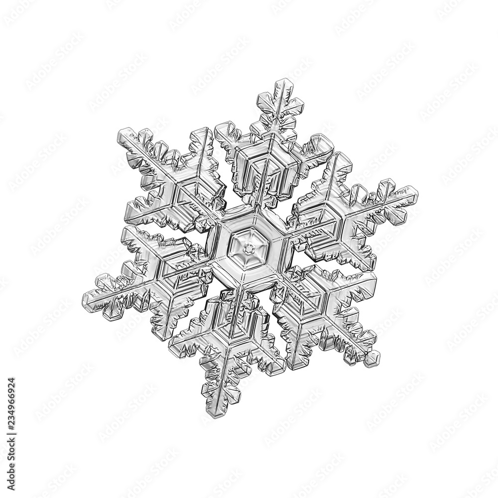 Snowflake isolated on white background. Macro photo of real snow crystal: elegant stellar dendrite with fine hexagonal symmetry, glossy relief surface, six complex arms and complex inner pattern. Snowflake isolated on white background. Macro photo of real snow crystal: elegant stellar dendrite with fine hexagonal symmetry, glossy relief surface, six complex arms and complex inner pattern.