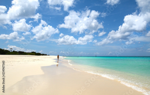 Fototapeta Naklejka Na Ścianę i Meble -  White sand beach walker. Blue sea water and dramatic clouds. Oranjestad, Aruba. Famous Eagle Beach. Unidentifiable sun bather.     