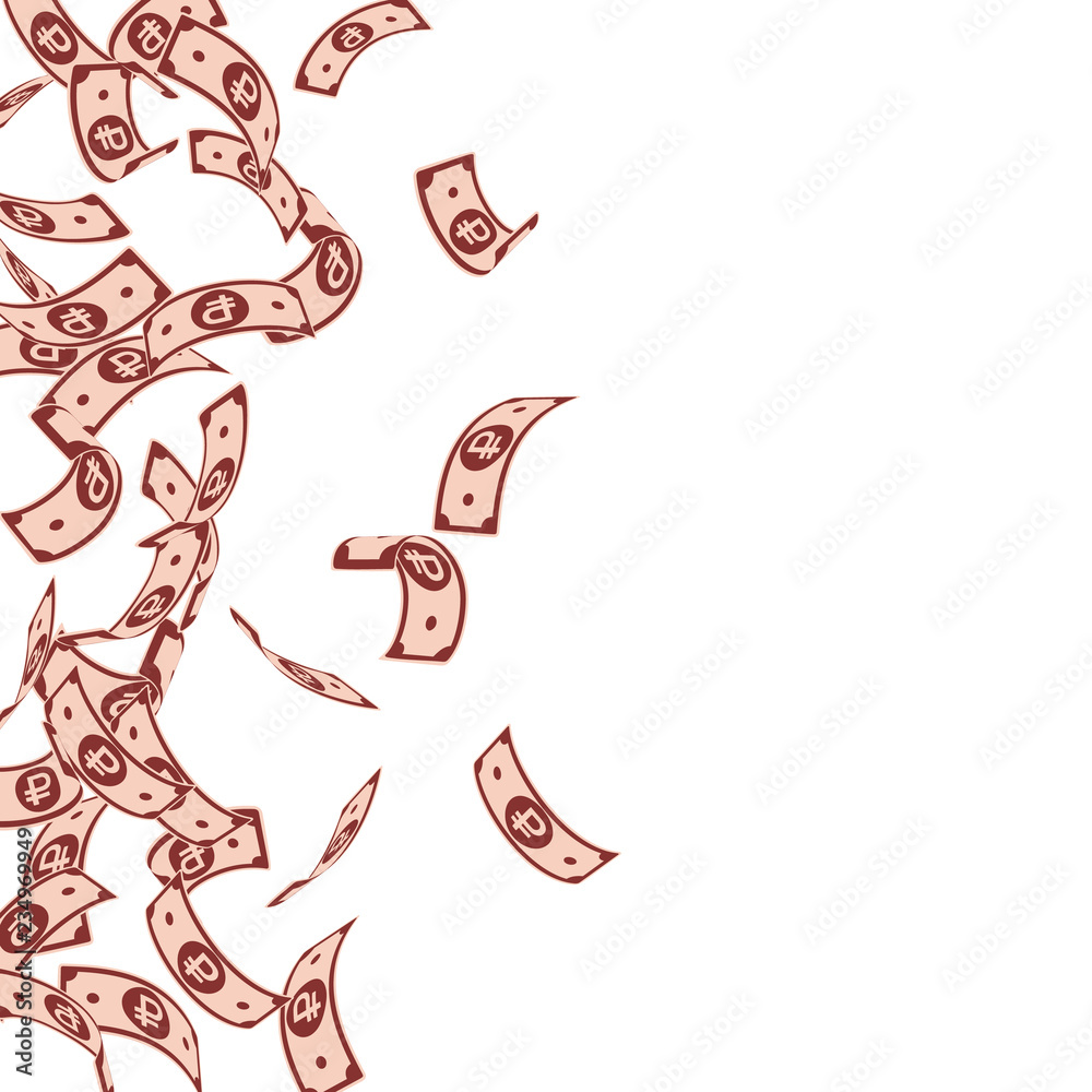 Russian ruble notes falling. Floating RUB bills on Russian ruble notes falling. Floating RUB bills on