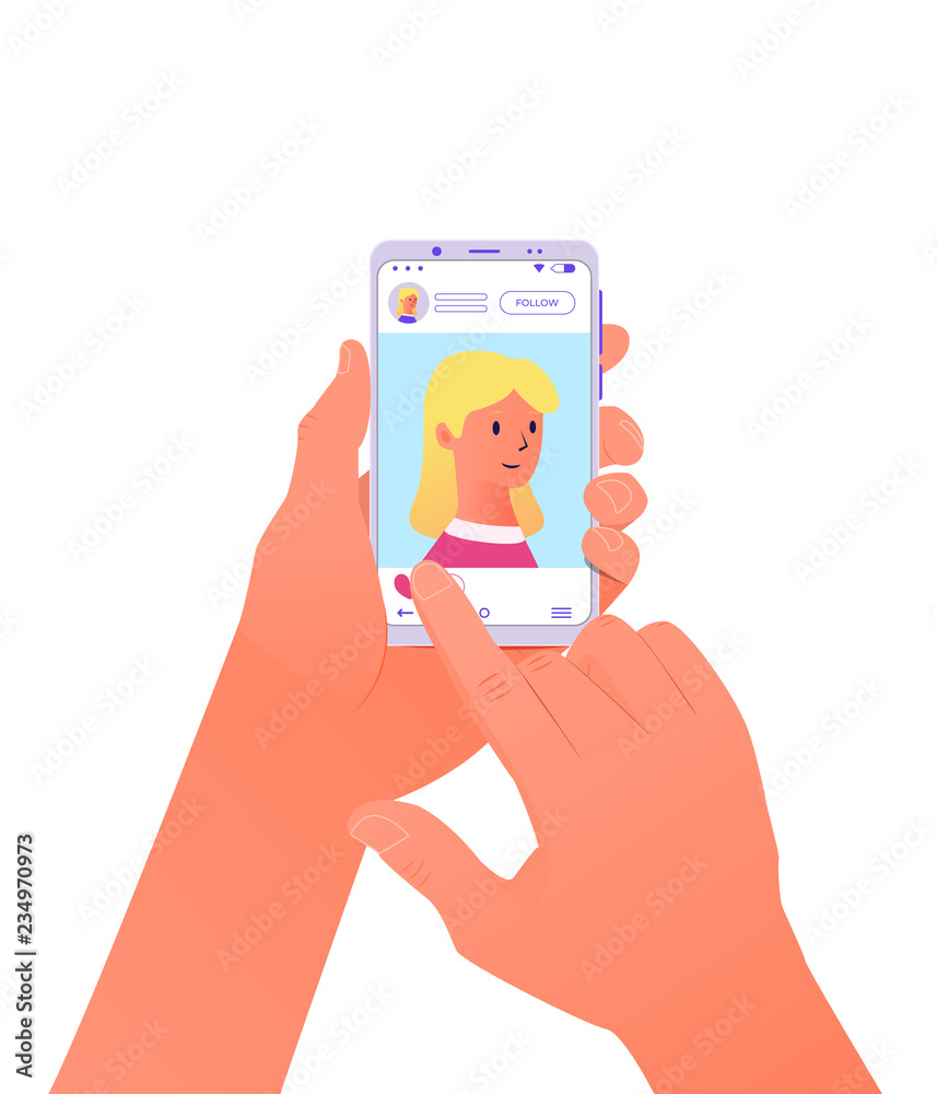 Social media. Man hold in hand smartphone. Vector illustration