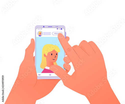 Social media. Man hold in hand smartphone. Vector illustration