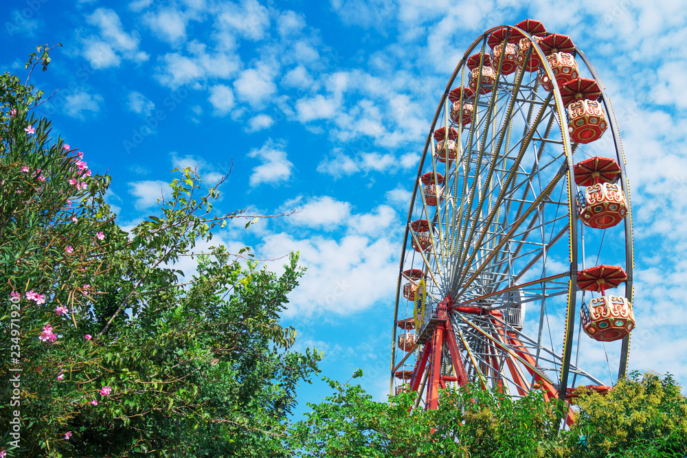 Fototapeta premium Red ferris wheel in the city park.
