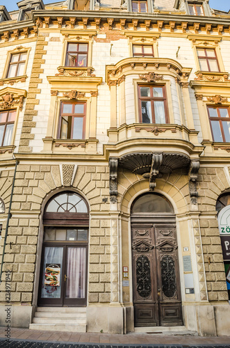 Pecs, Hungary - October 06, 2018: The front door of the church of the Merciful Brothers in Pecs