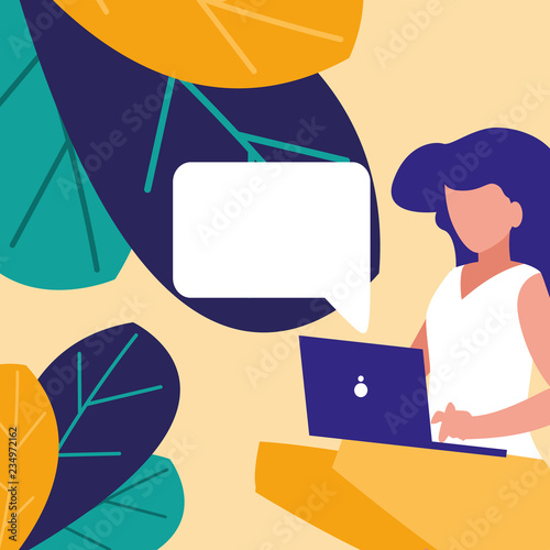 young woman using laptop in the landscape