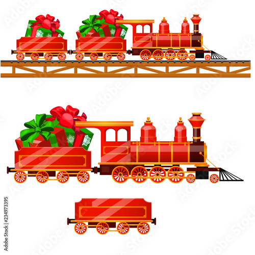 Little red train with wagons by rail carries boxes with Christmas gifts isolated on a white background. Vector cartoon close-up illustration.