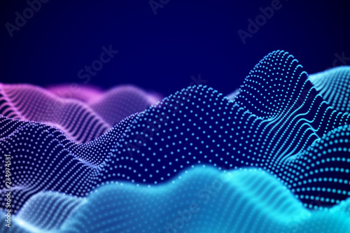 Visualization of sound waves. Abstract digital landscape or soundwaves with flowing particles. Big data technology background. Virtual reality concept: 3D digital surface. EPS 10 vector illustration.