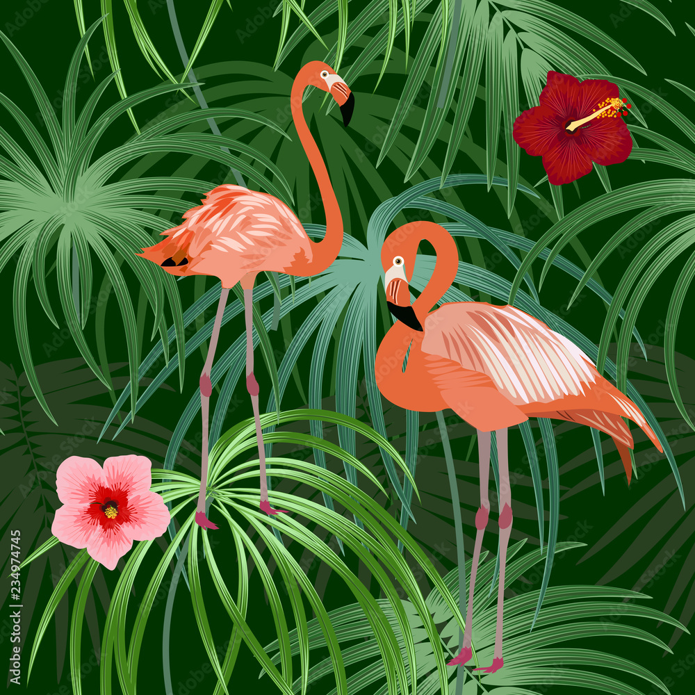 Fototapeta premium Seamless pattern of flamingo, leaves monstera. Tropical leaves of palm tree and flowers.