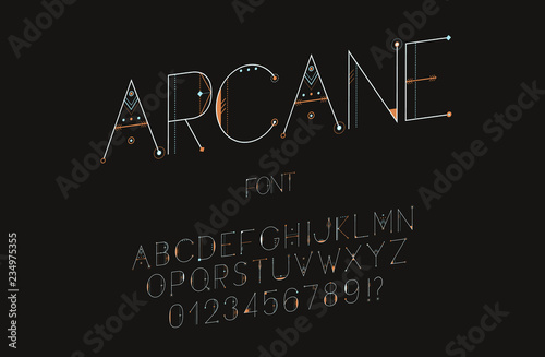 Original esoteric font, alphabet, letters and numbers. Vector Illustration