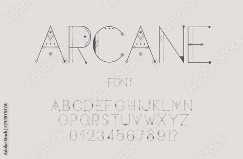 Original esoteric font, alphabet, letters and numbers. Vector Illustration