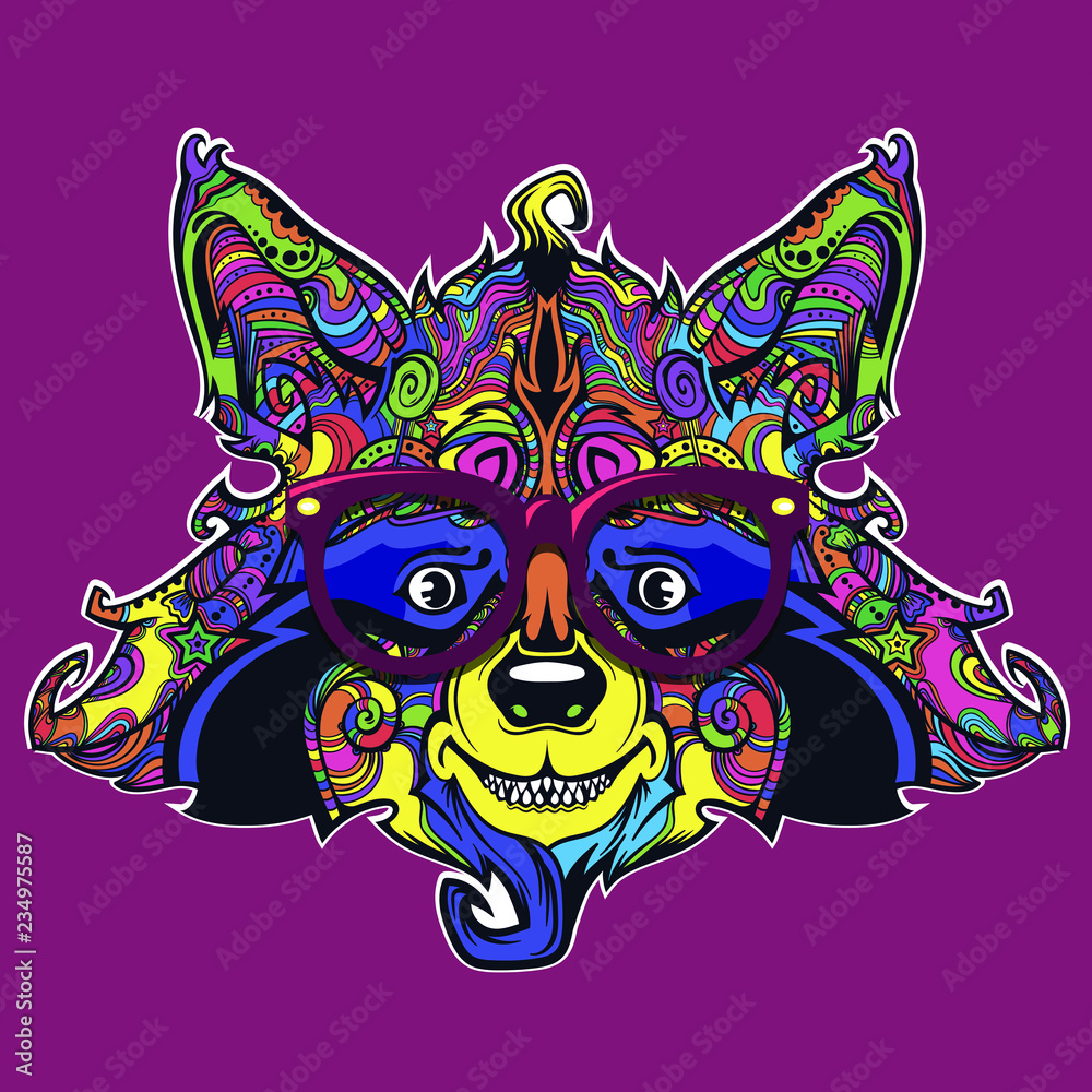 Fototapeta premium Raccon face line art, vector cartoon creative illustration isolated on background, funny and cute animal face with eyeglasses, ornamental face