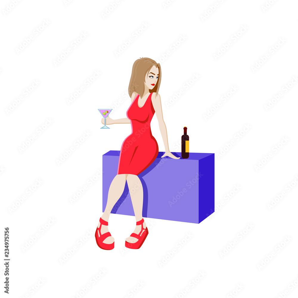 Flat cartoon woman. girl with alcohol drinks, bottle of wine, vector  illustration Stock Vector | Adobe Stock