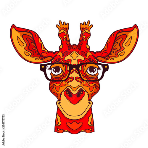 Giraffe face, line art illustration isolated on white background, cartoon happy and funny face of giraffe, styled face