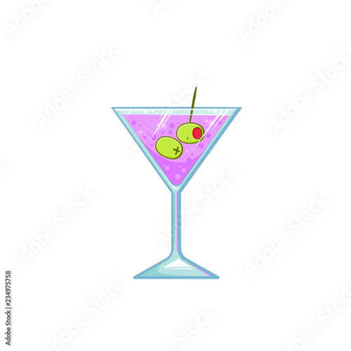 Flat cartoon glass with olives and martini, vector illustration isolated on white background, picture for bar, alcohol drink
