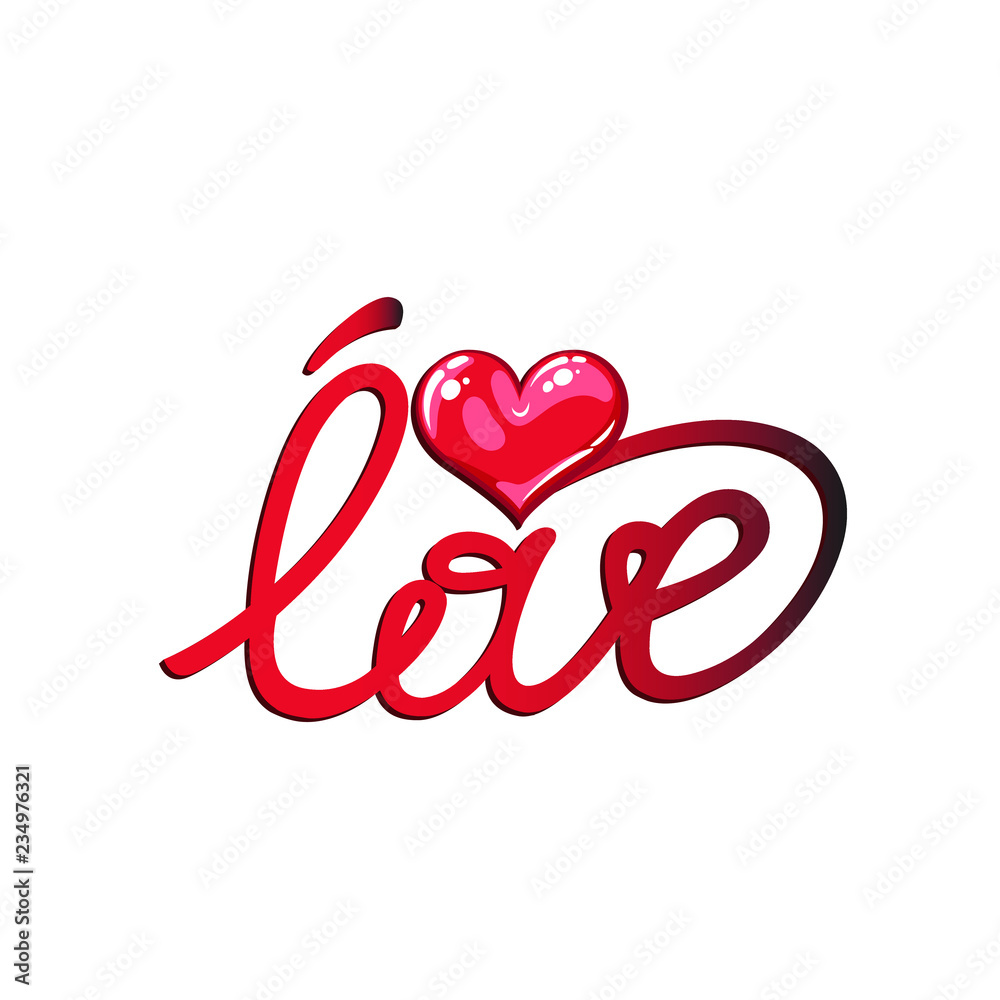 Line art text love with red beautiful heart, vector illustration isolated on white background