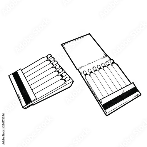 Set of matches, realistic line art sketch, vector illustration isolated on white background