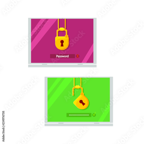 Locked and opened laptop, login security concept vector flat cartoon illustration isolated on white background