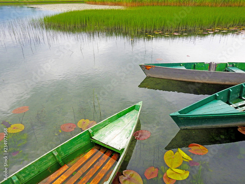 Old rustic wooden fishing boats on the lake with green water lily and green water grass        