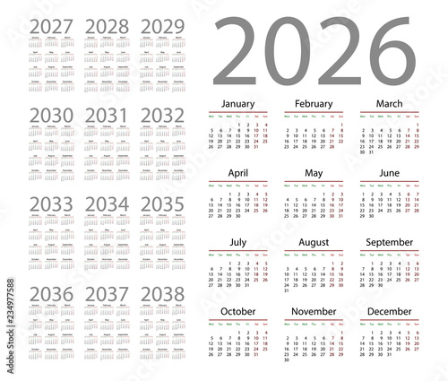 Simple calendar 2026 on white background. Vector illustration