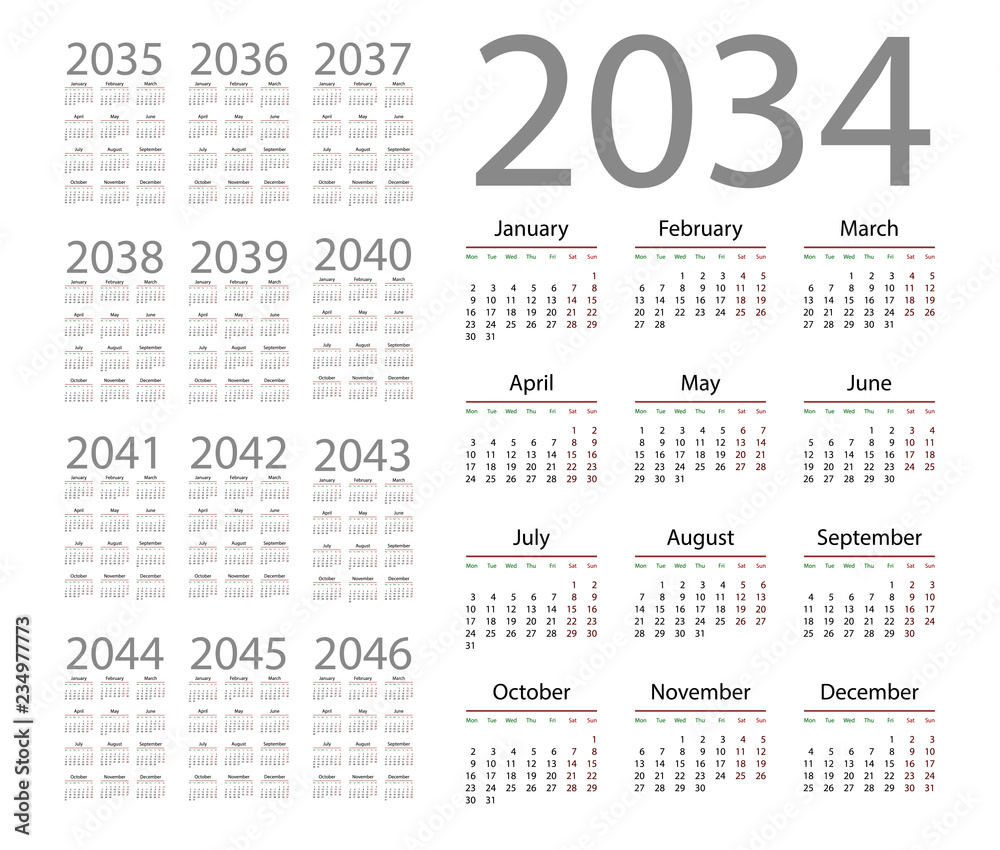 Simple calendar 2034 on white background. Vector illustration Simple calendar 2034 on white background. Vector illustration
